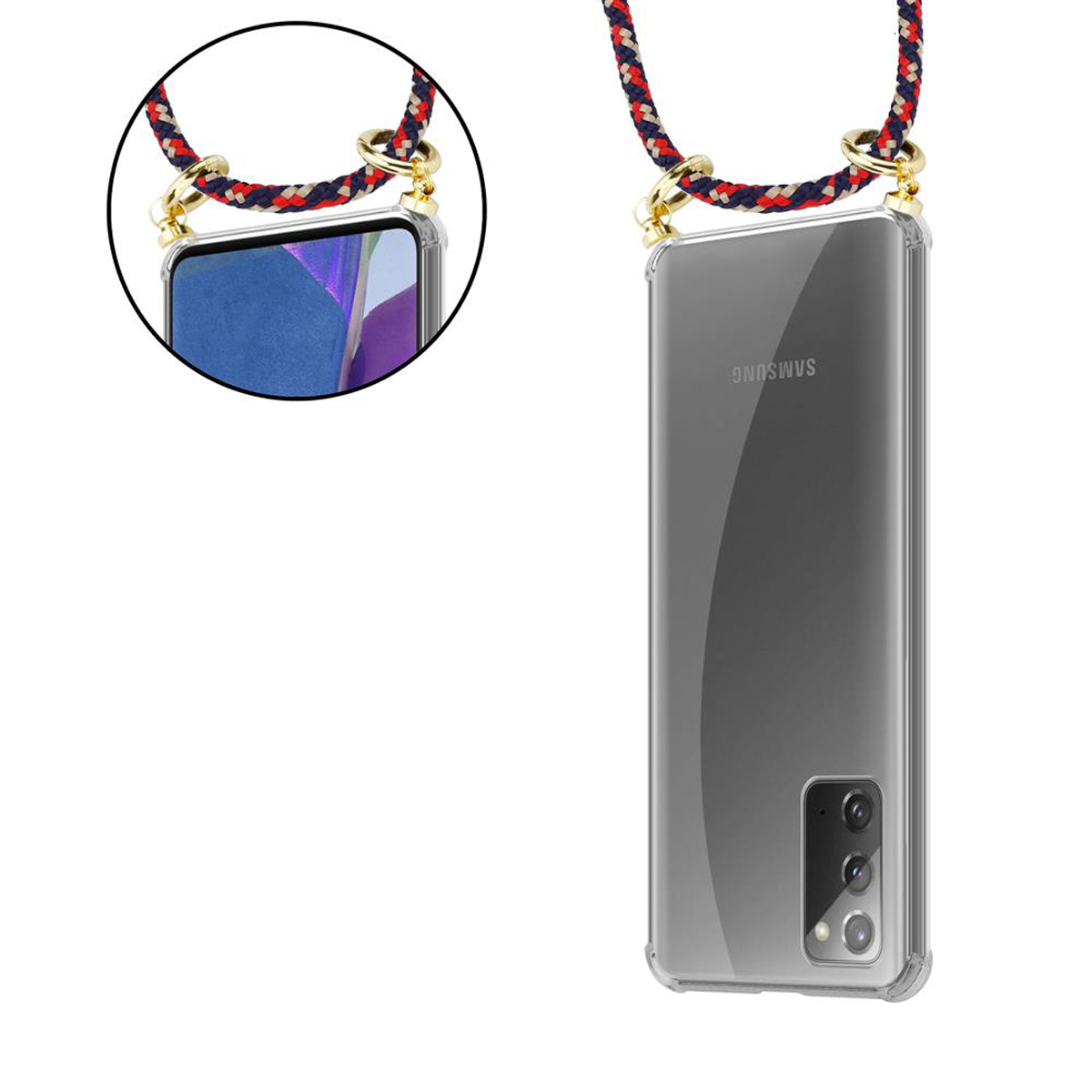 Un telefono in una custodia trasparente. Un cordino è collegato alla custodia. Lo sfondo è bianco.