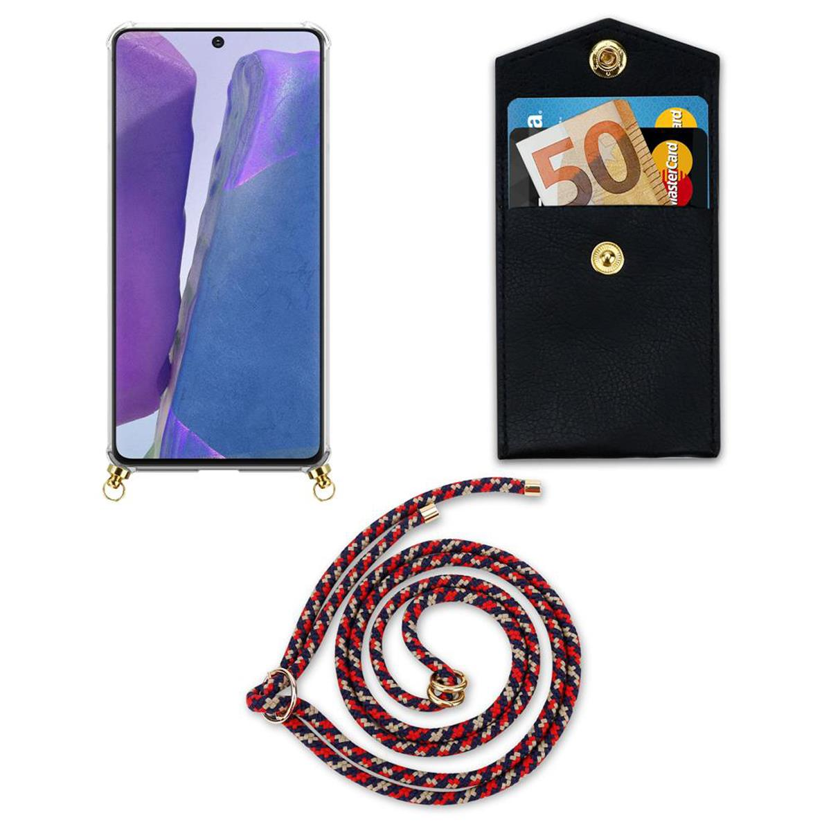 Custodia per telefono, telefono, una custodia nera con carte e denaro, e un cordino con un motivo rosso e nero.