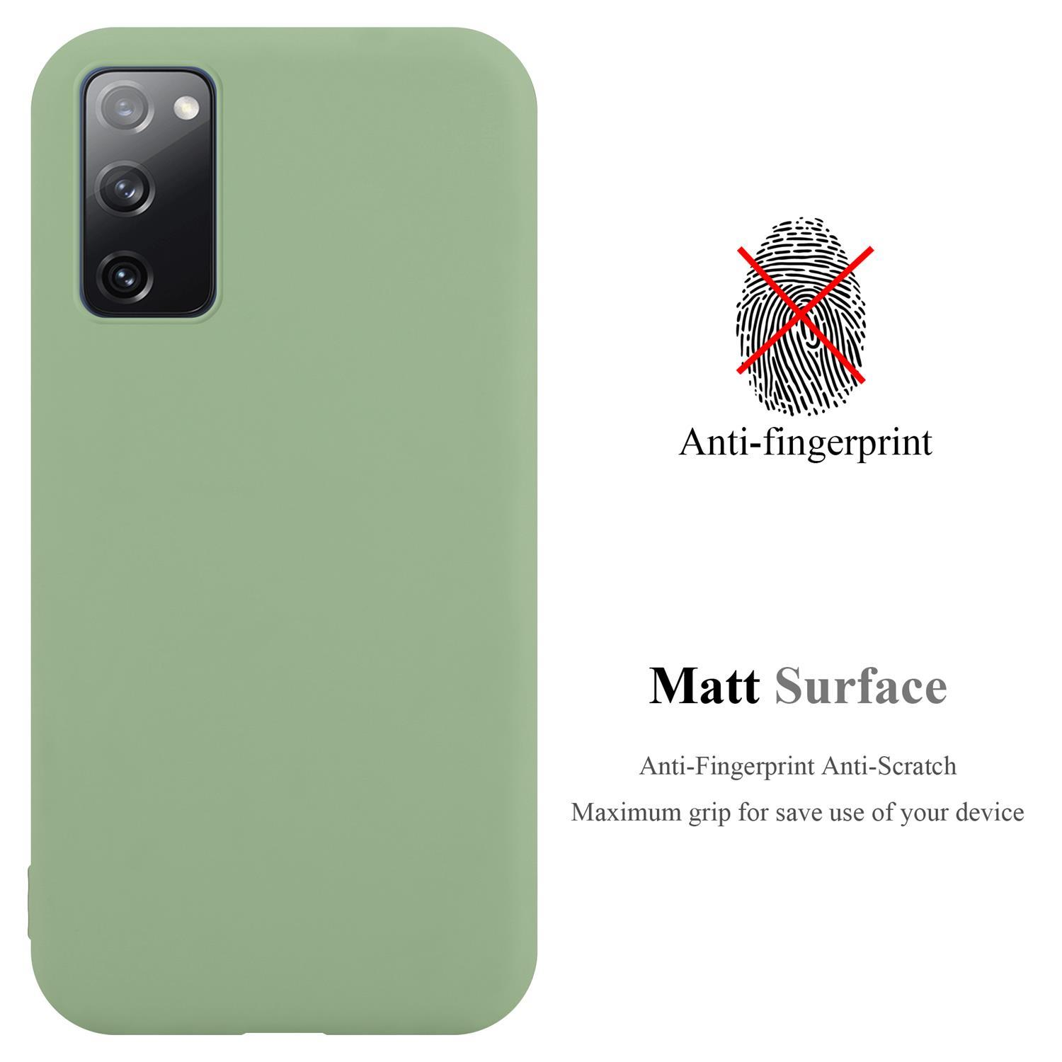 Custodia verde con telefono, e testo su anti-impronte e superficie opaca.