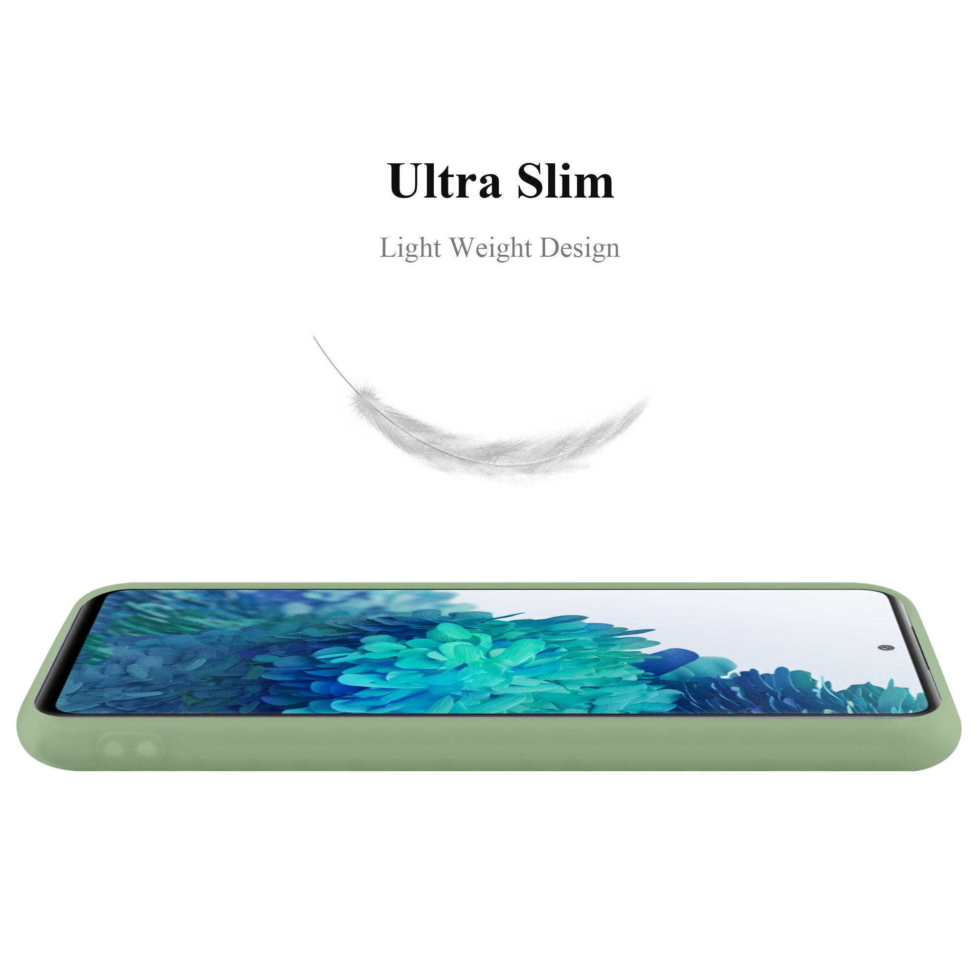 Custodia verde con testo bianco 'Ultra Slim' e piuma. Schermo blu e verde.