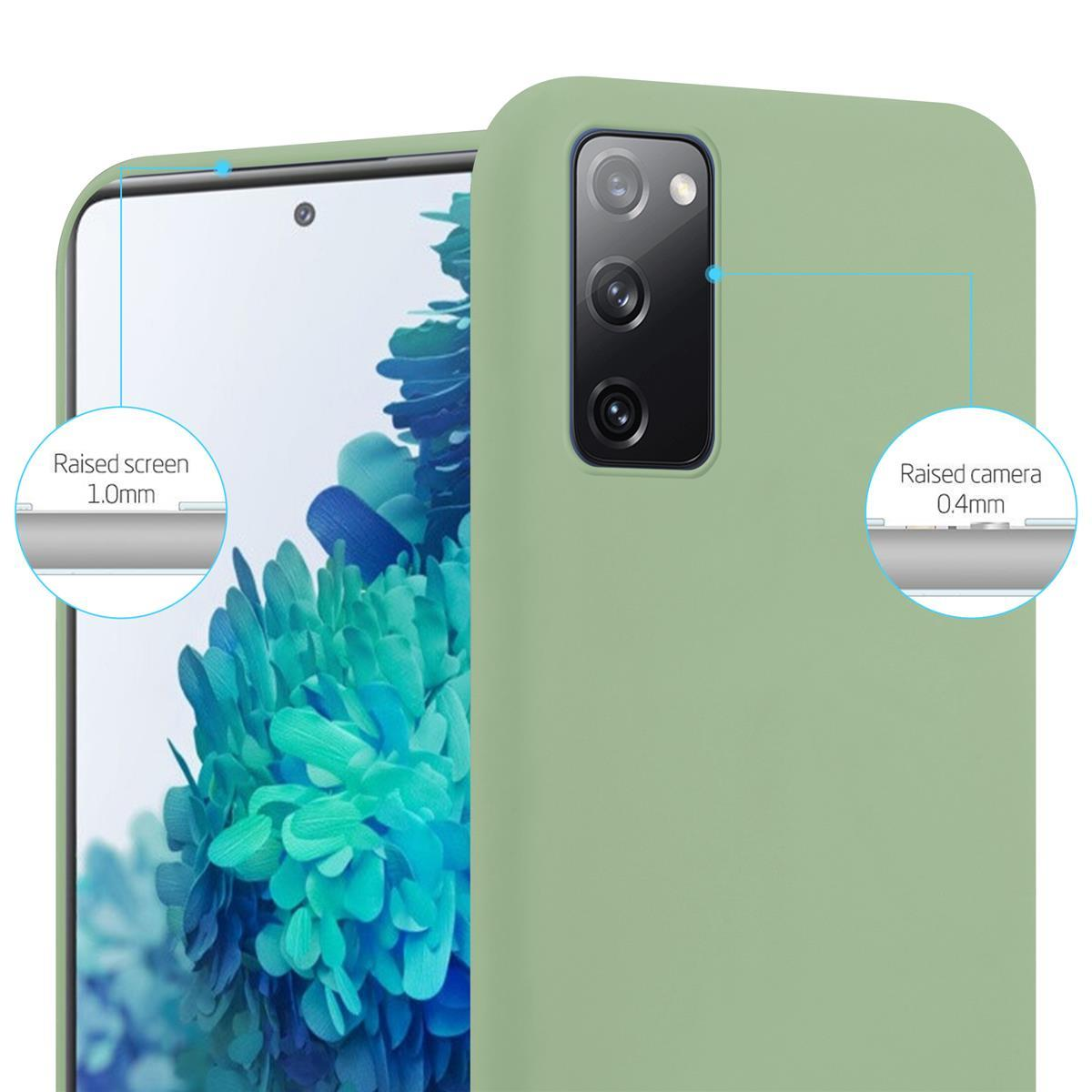 Custodia verde con contorno di telefono. Diagramma mostra schermo e fotocamera rialzati.