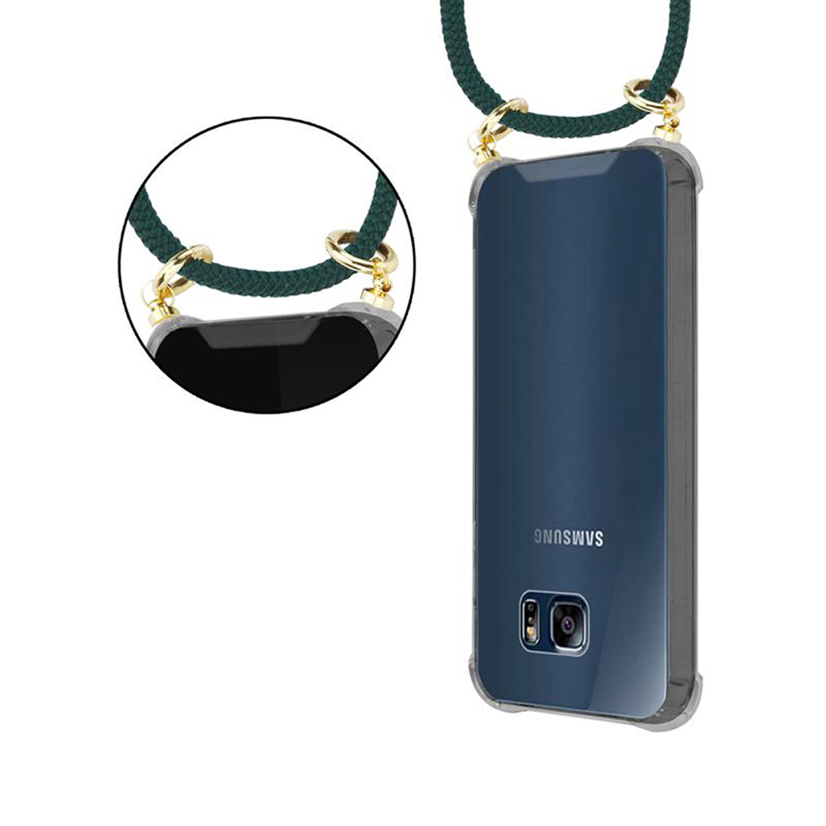 Una custodia trasparente per telefono con cinturino verde. La custodia ha un attacco dorato. Un telefono è all'interno.