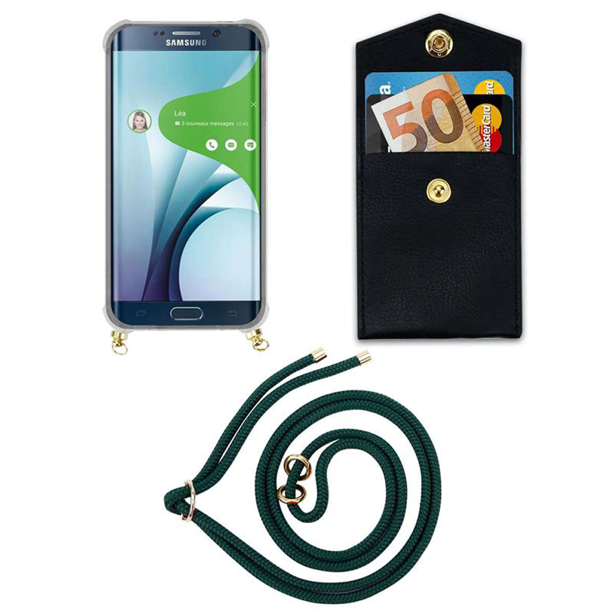 Telefono con custodia a portafoglio in pelle e cordino verde. Carte e contanti all'interno.