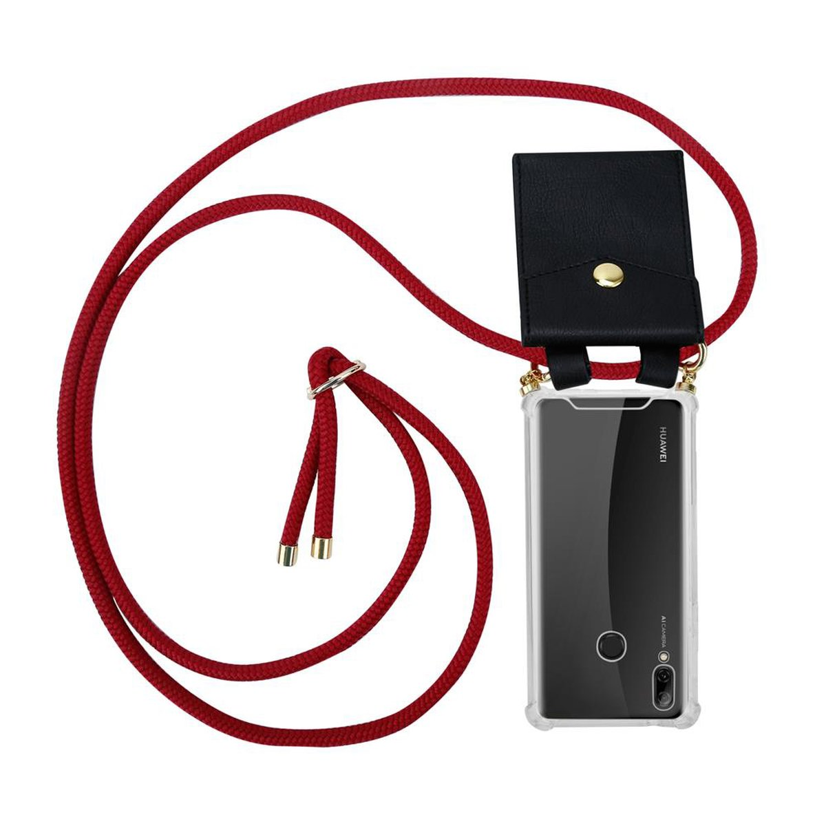 Custodia per telefono con corda rossa. Borsa in pelle nera. Telefono Huawei.