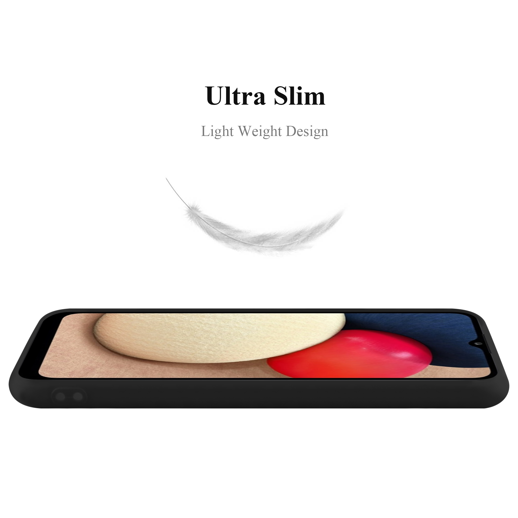 Custodia nera per telefono con un telefono all'interno. Testo: Ultra Slim, Design leggero. Una piuma fluttua sopra.