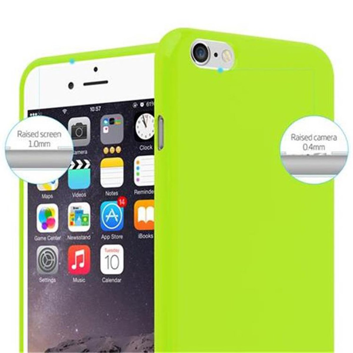 Custodia verde con telefono all'interno. La fotocamera e lo schermo sono mostrati con le misure.