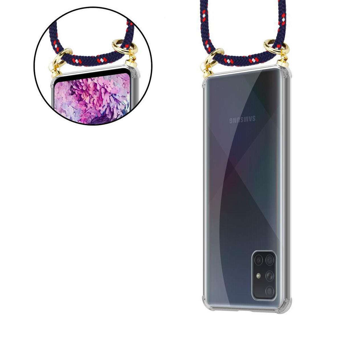 Custodia trasparente per telefono con cordino, il telefono è visibile, cordino blu e rosso e anelli dorati.