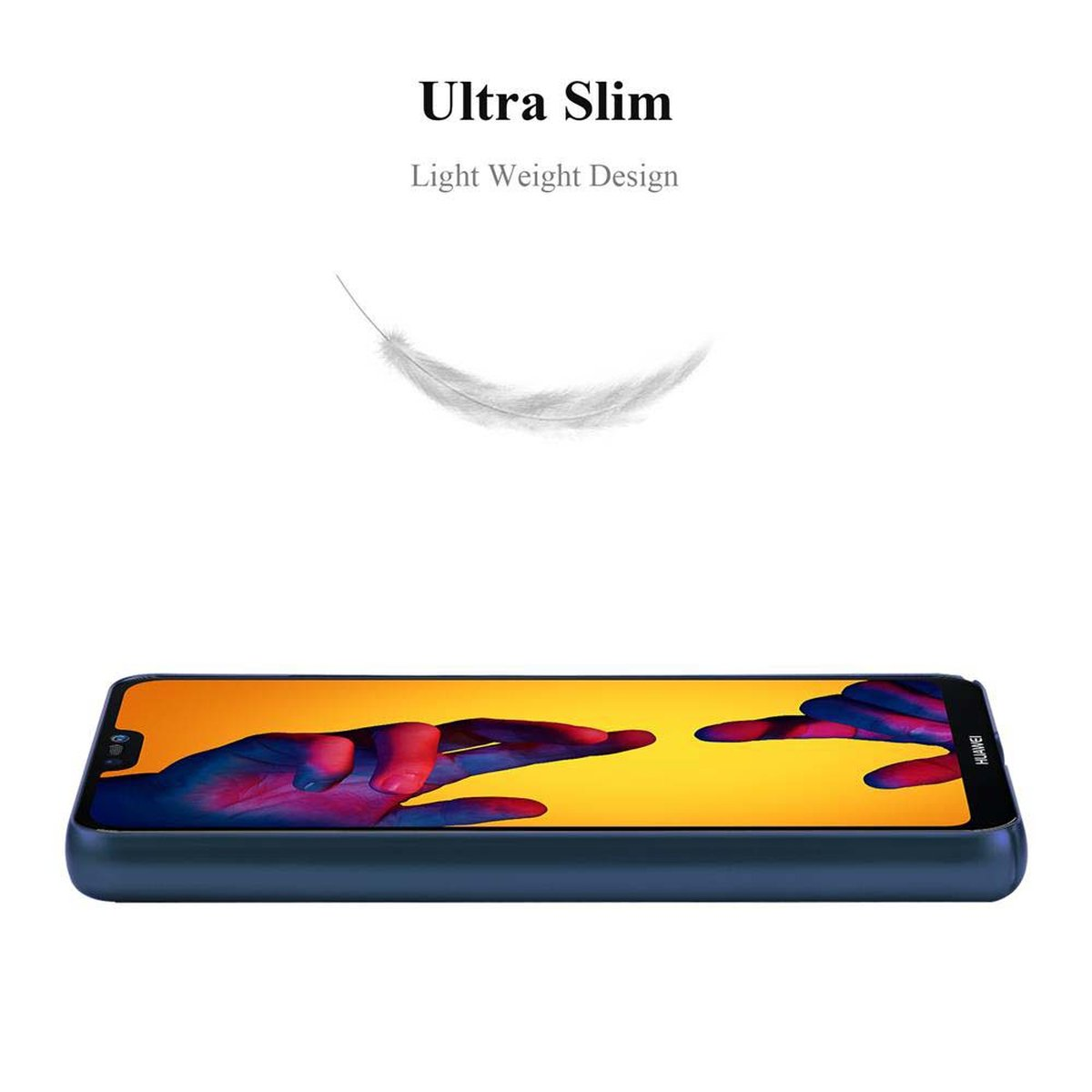 Custodia blu navy, design ultra sottile, con grafica di piuma leggera.