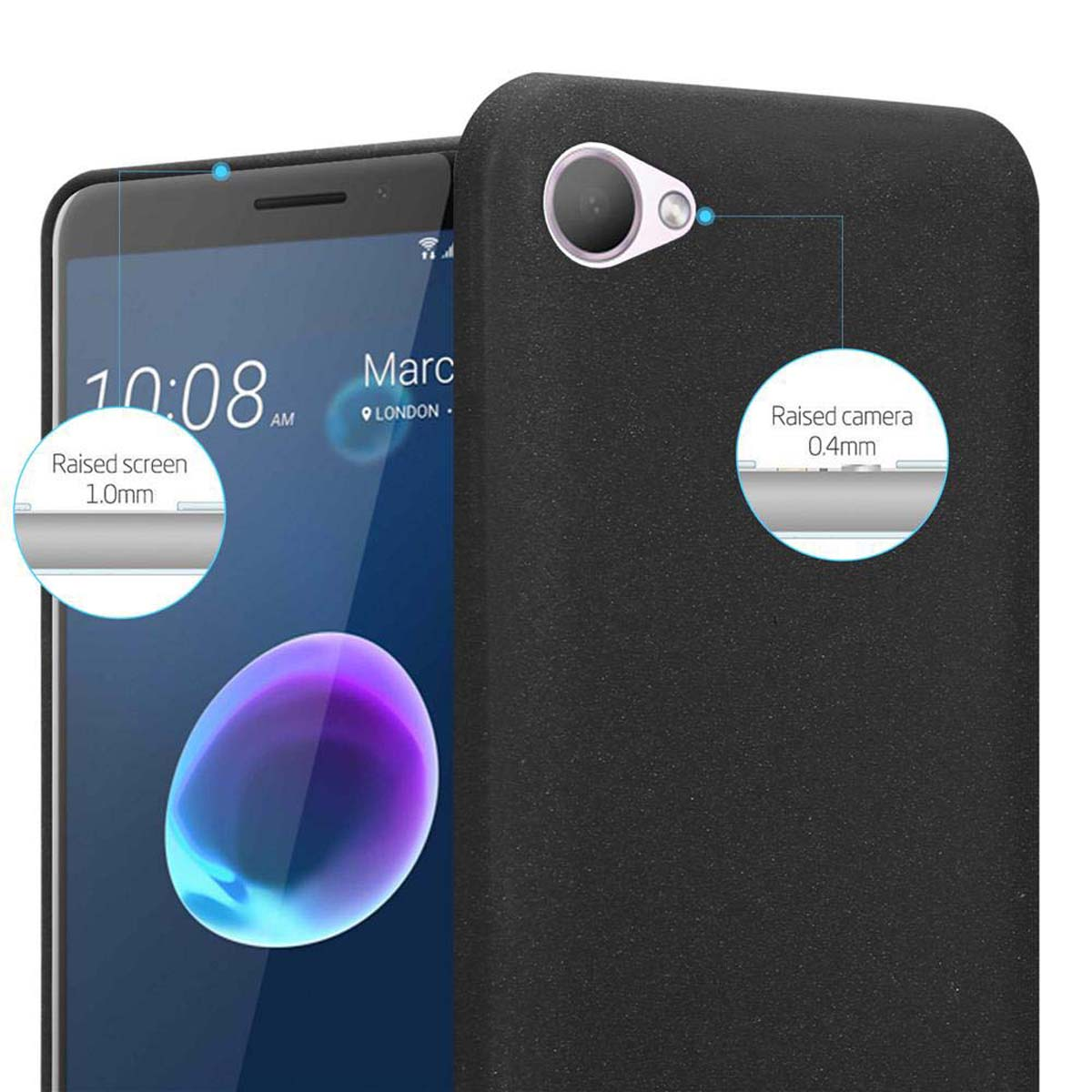 Custodia nera per telefono con telefono. Dettagli schermo e fotocamera rialzati. Il telefono mostra l'ora.
