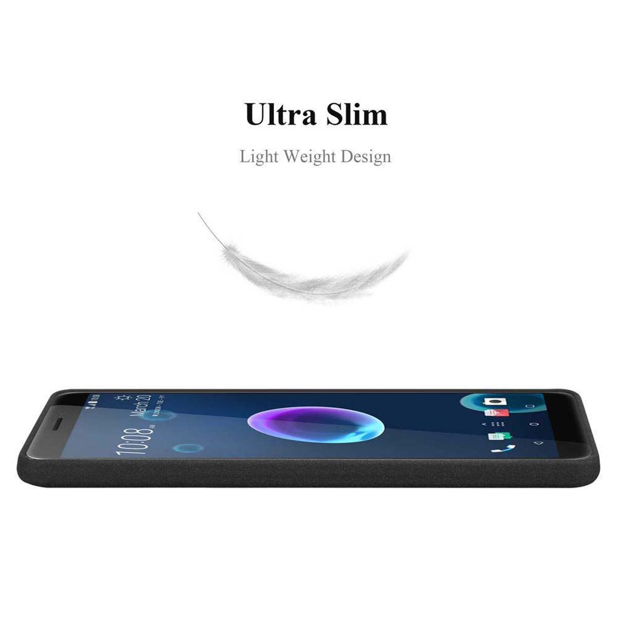 Telefono nero con grafica a piuma, il testo dice 'Ultra Slim' e 'Light Weight Design'.