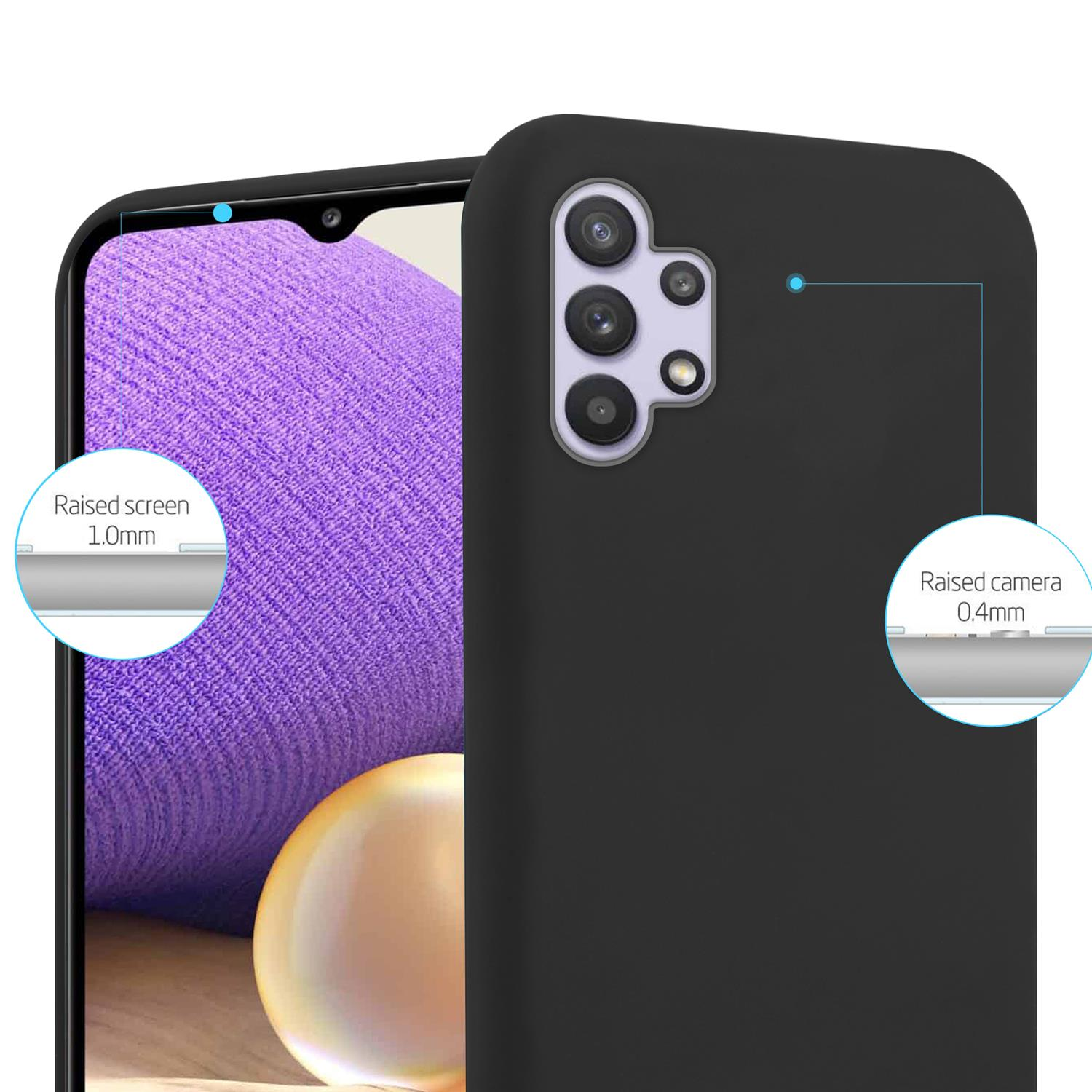 Custodia nera per telefono su sfondo bianco, con dettagli schermo e fotocamera rialzati.
