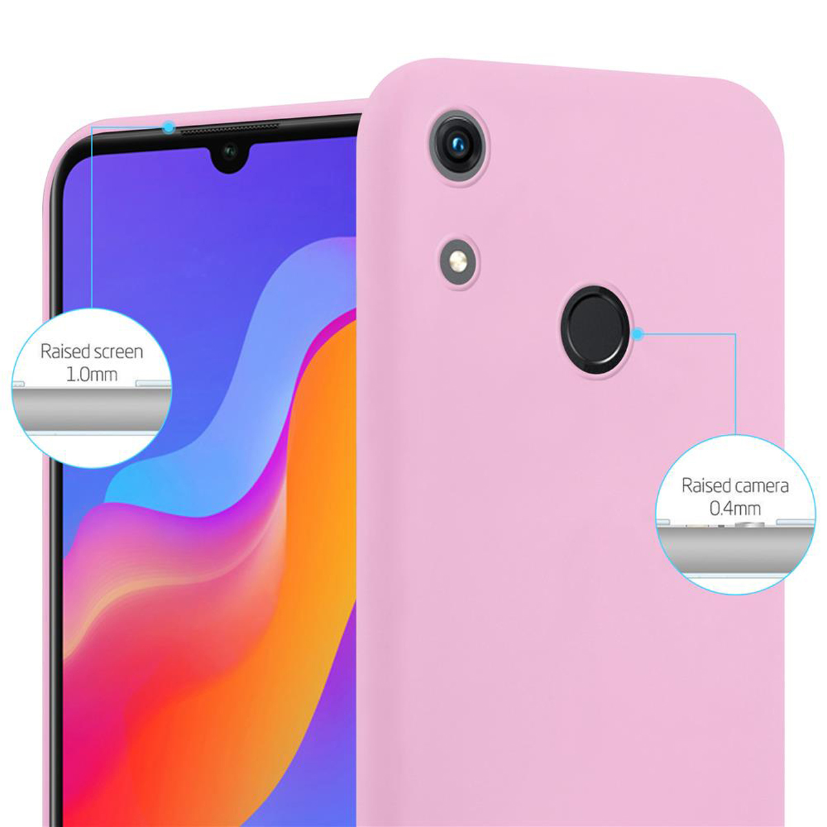 Custodia per telefono rosa, con un diagramma dei bordi dello schermo e della fotocamera. Schermo e fotocamera rialzati.