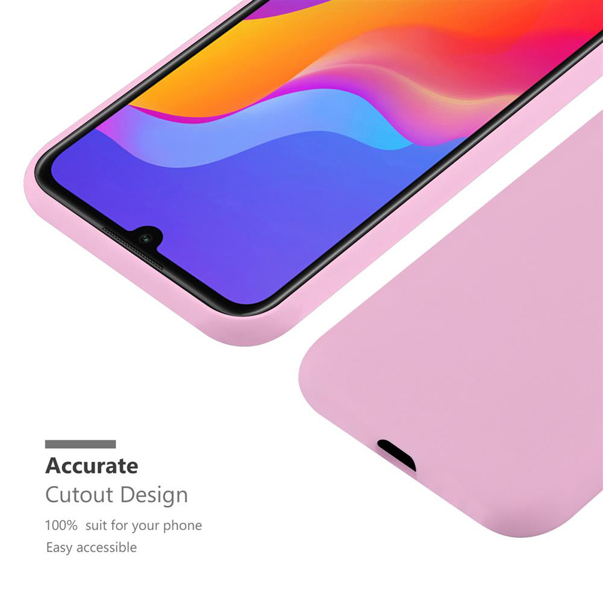 Custodia rosa per telefono con telefono, primo piano. Il testo dice: Preciso, Design ritagliato, facile accesso.