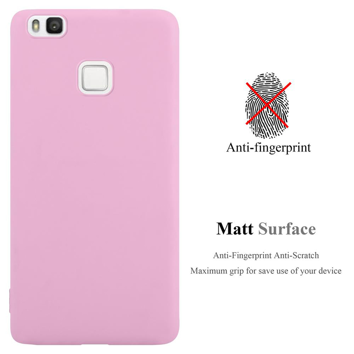 Una funda rosa para teléfono, una huella dactilar tachada. El texto dice 'Anti-huella digital' y 'Superficie mate'.