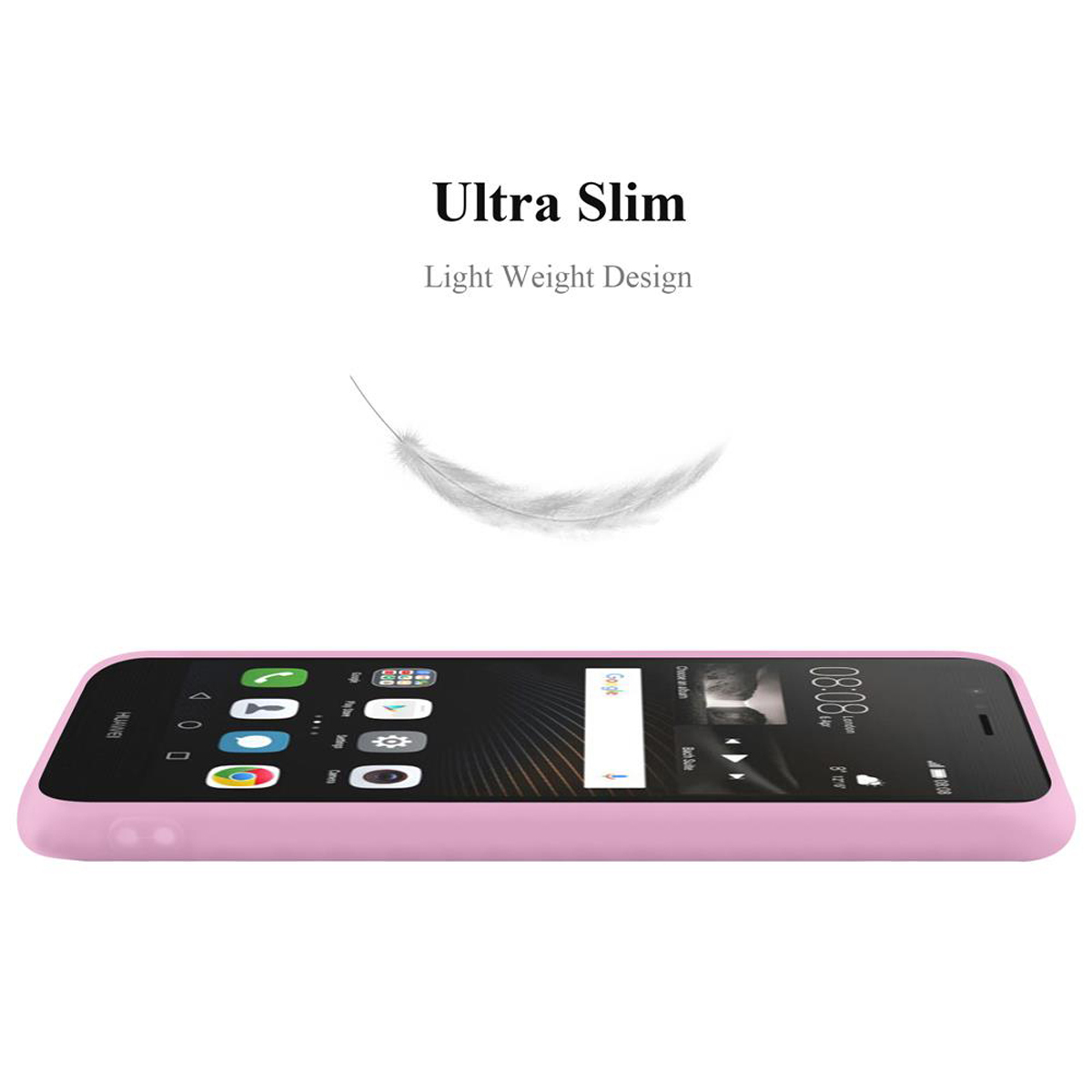 Una funda de teléfono rosa, vista lateral, sobre una superficie blanca, con texto Ultra Slim y una pluma.