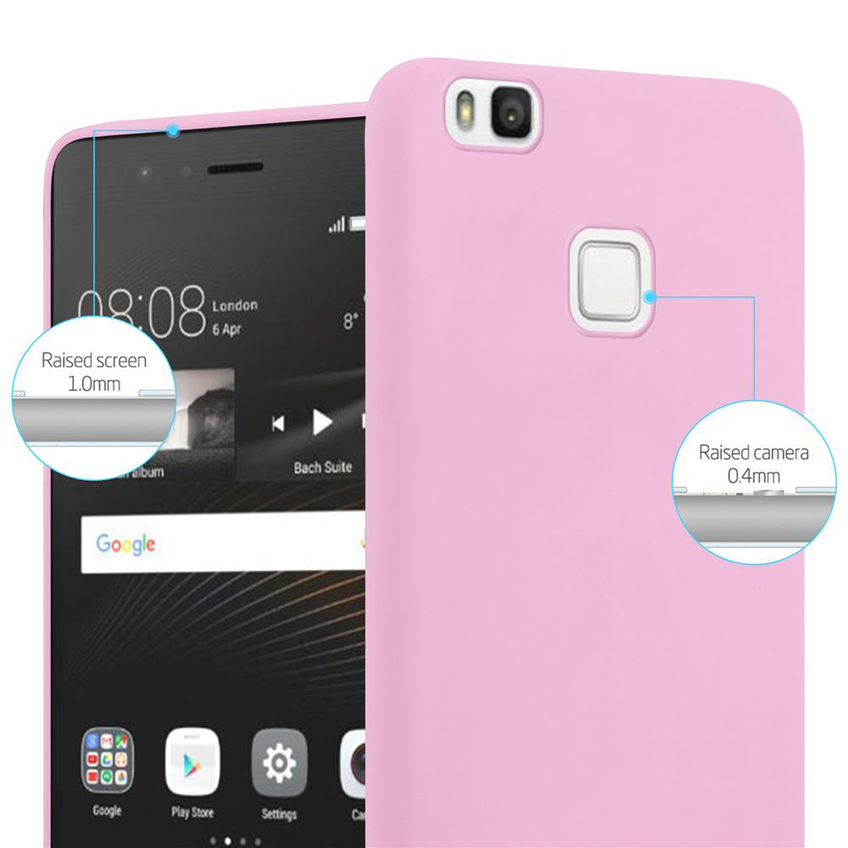 Teléfono y funda rosa con la pantalla del teléfono mostrando, con primeros planos de la pantalla y cámara elevadas.