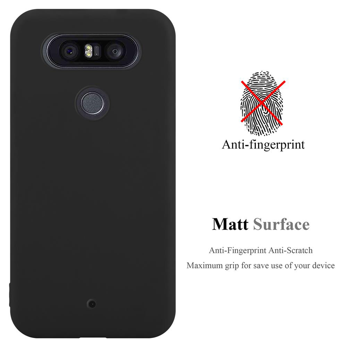Schwarze Handyhülle mit schwarzem Telefon. Text: 'Anti-Fingerprint', 'Matt Surface'.