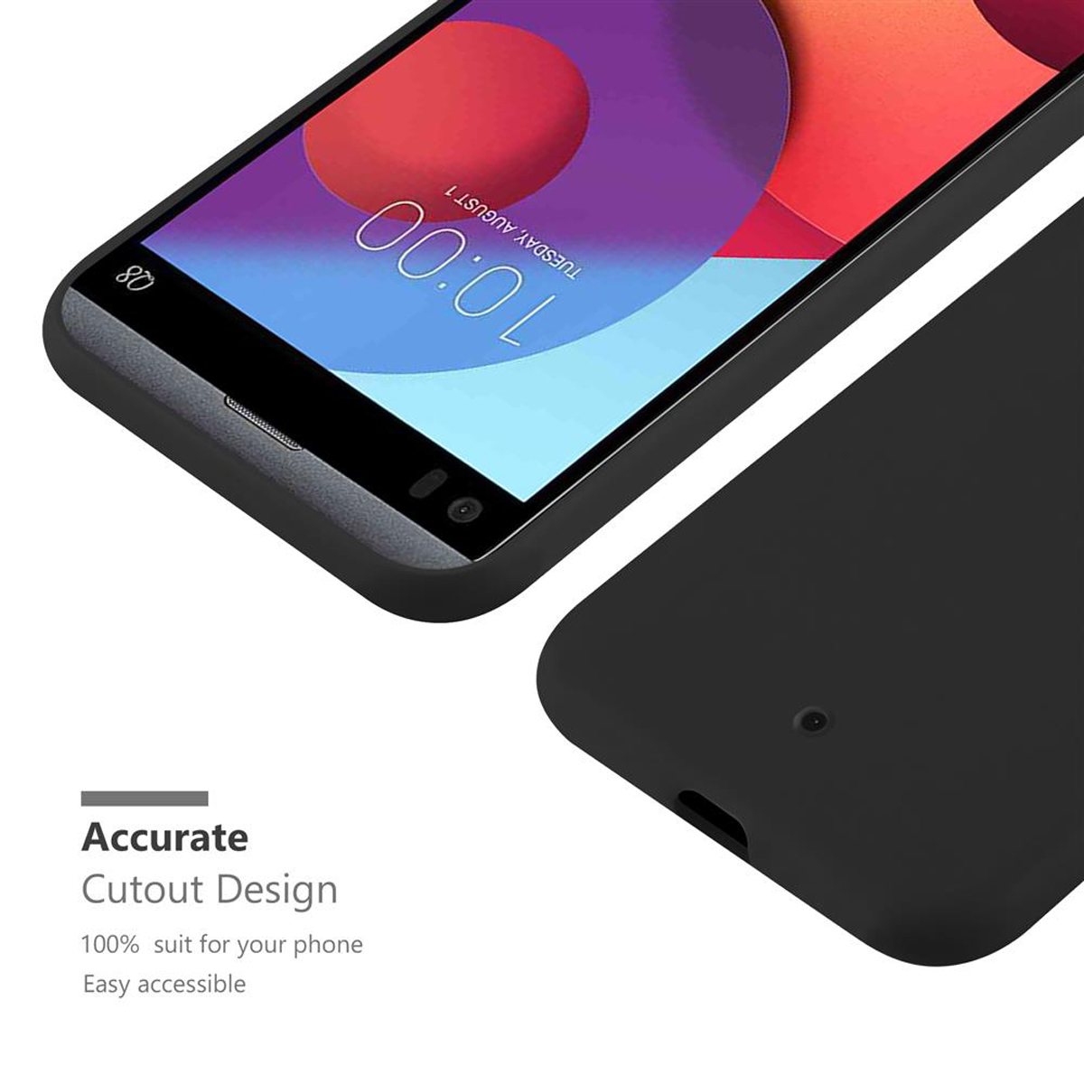 Eine schwarze Handyhülle mit einem Telefon darin. Der Text lautet 'Accurate Cutout Design'.