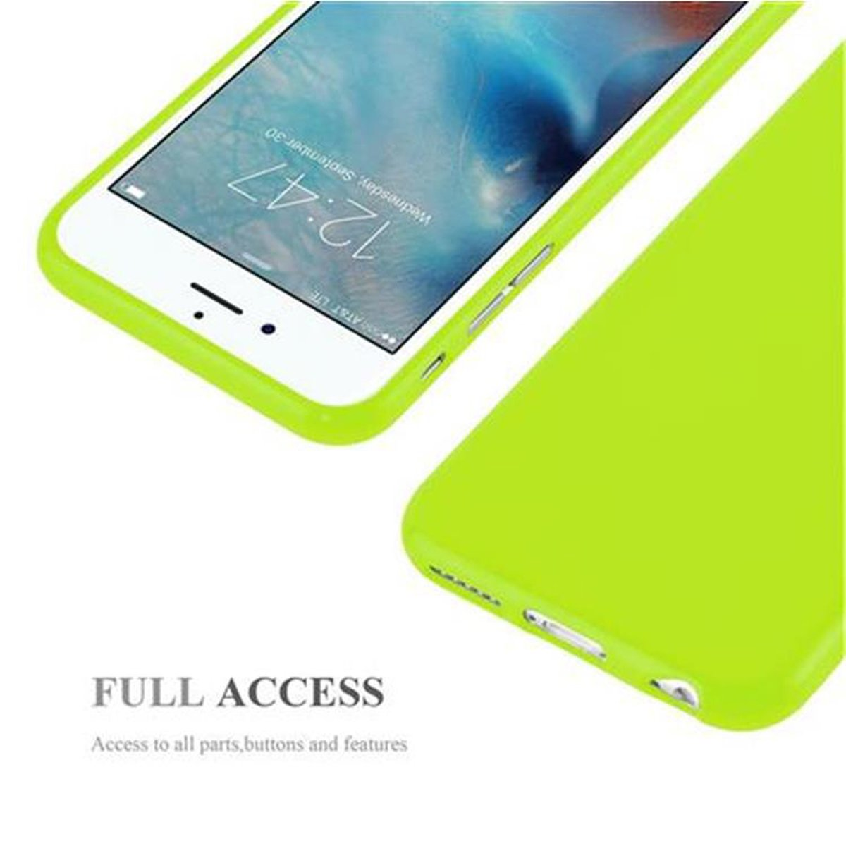 Custodia verde per telefono con telefono bianco, testo: 'FULL ACCESS' e 'Accesso a tutte le parti, pulsanti e funzioni'.