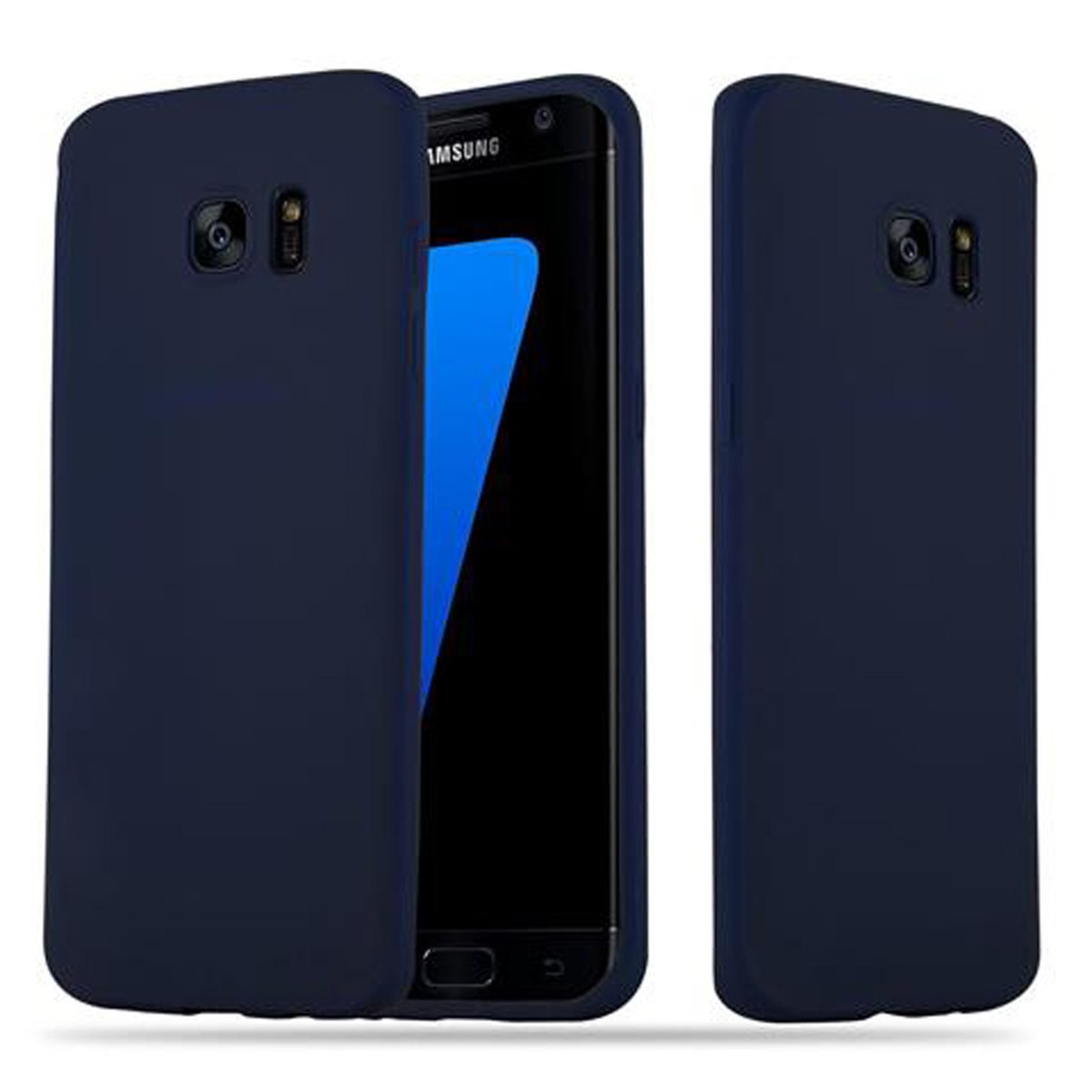 Dos fundas de teléfono azul oscuro. El teléfono está en la funda. Las fundas son de color sólido.