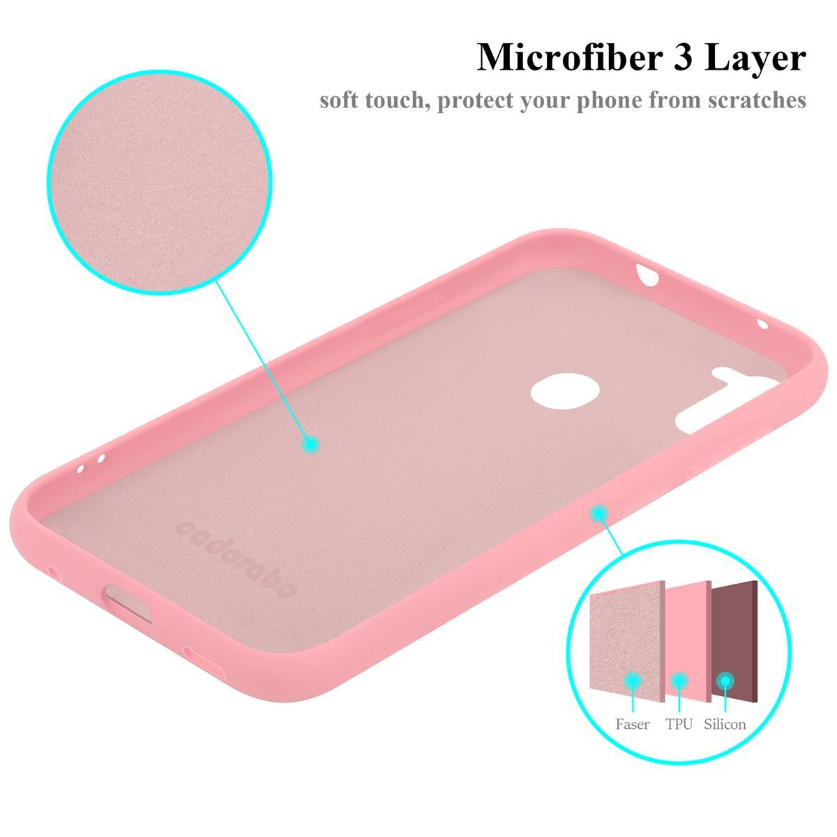 Rosa Handyhülle mit 3-lagigem Design. Text: Mikrofaser 3 Lagen, Soft-Touch, schützt Ihr Telefon vor Kratzern.