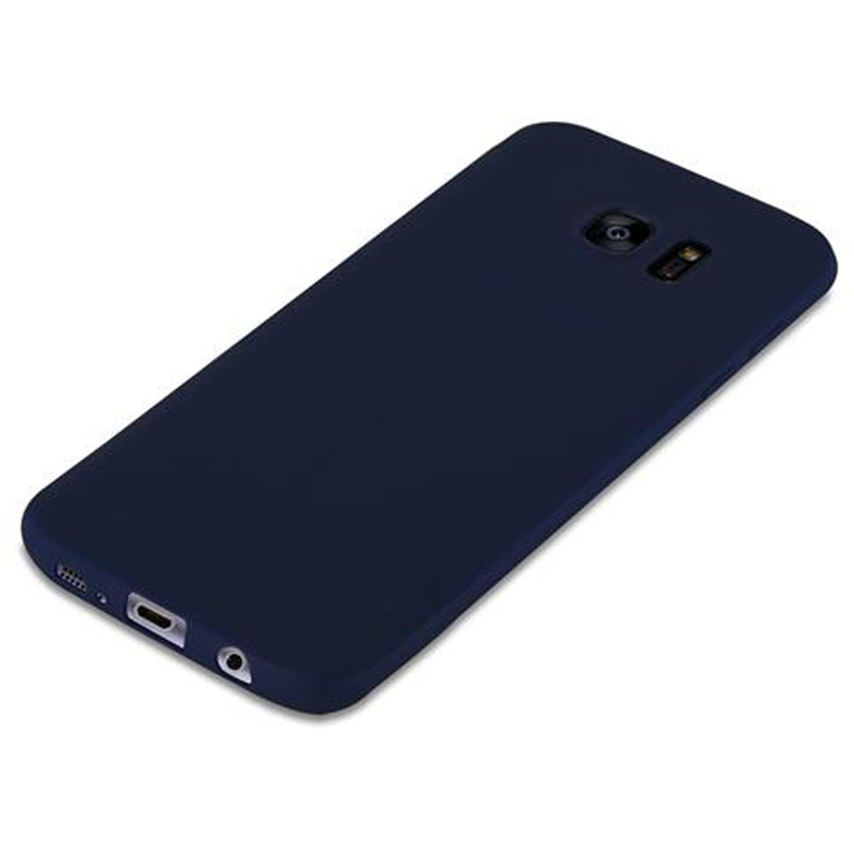 Una funda de teléfono azul oscuro. La parte trasera del teléfono es visible. La cámara, los puertos y el altavoz son visibles.