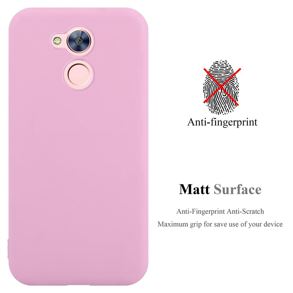 Custodia rosa con anti-impronta e superficie opaca, testo su sfondo bianco.