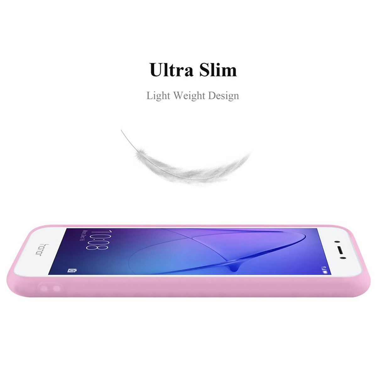 Una custodia rosa per telefono con un telefono all'interno. Testo: Ultra Slim e Light Weight Design. Una piuma.