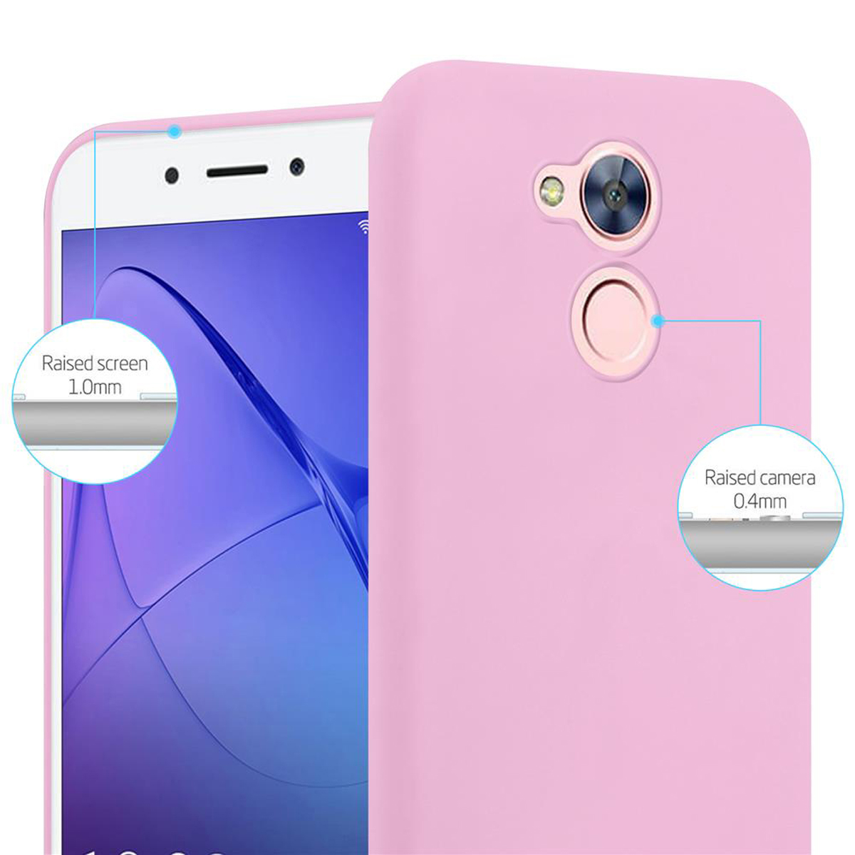 Custodia per telefono rosa. Primo piano del telefono con schermo e fotocamera rialzati.