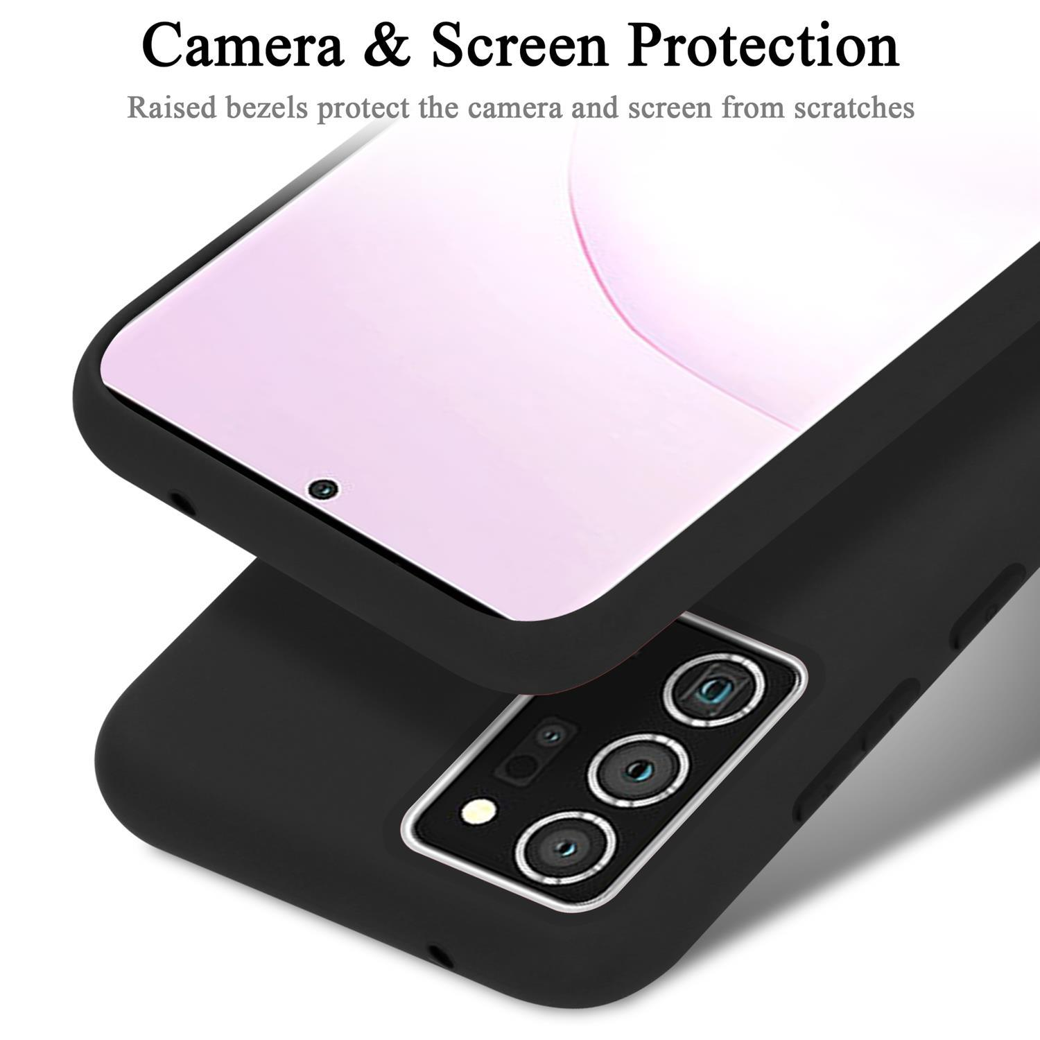 Custodia nera per telefono, schermo del telefono rivolto verso l'alto. Testo: Protezione fotocamera e schermo. Lunette rialzate.