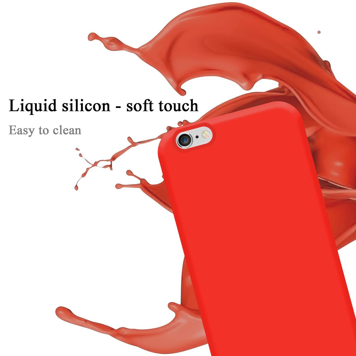 Custodia rossa con schizzo di liquido rosso accanto, con le parole Silicone liquido.