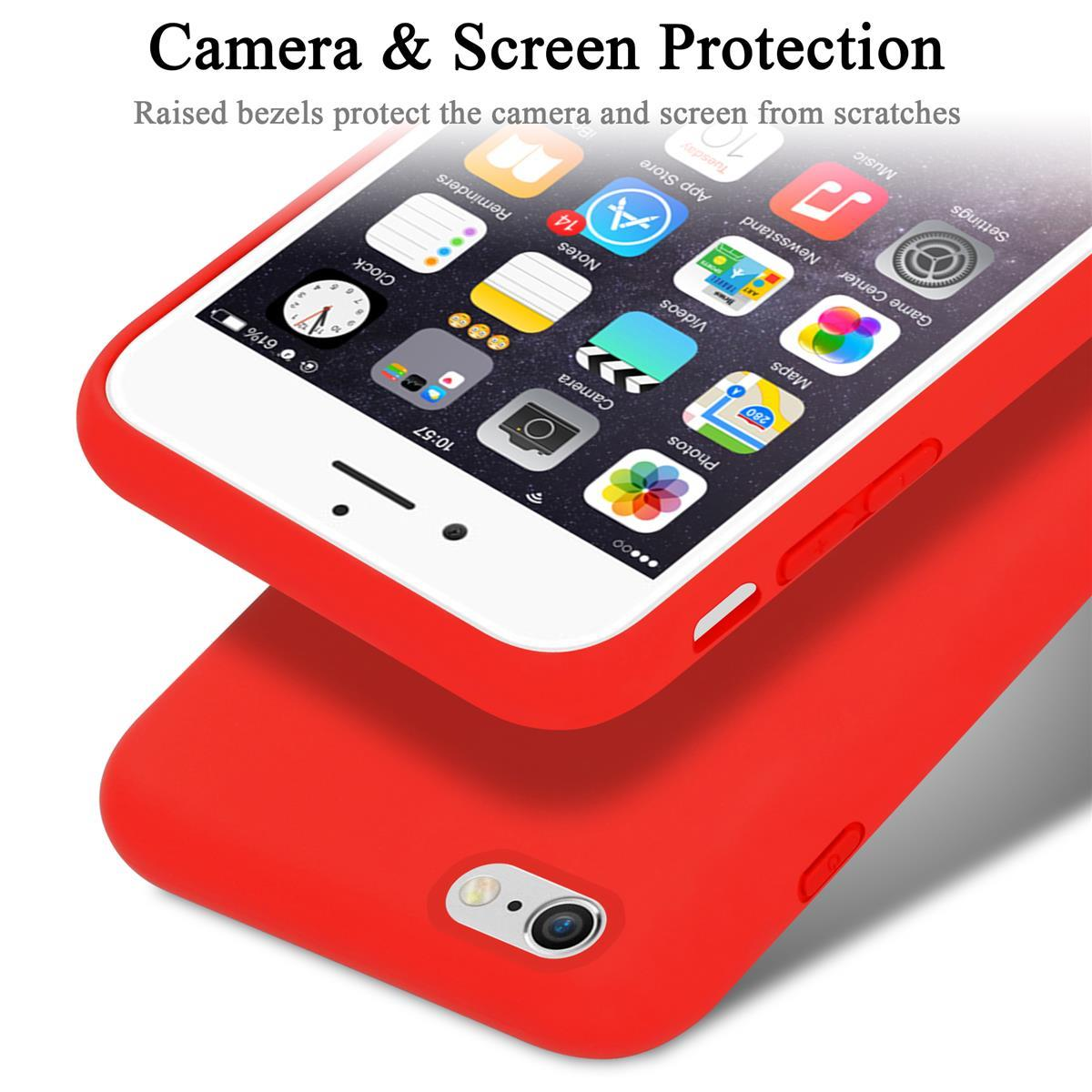 Una custodia rossa su un iPhone bianco con icone delle app visibili.