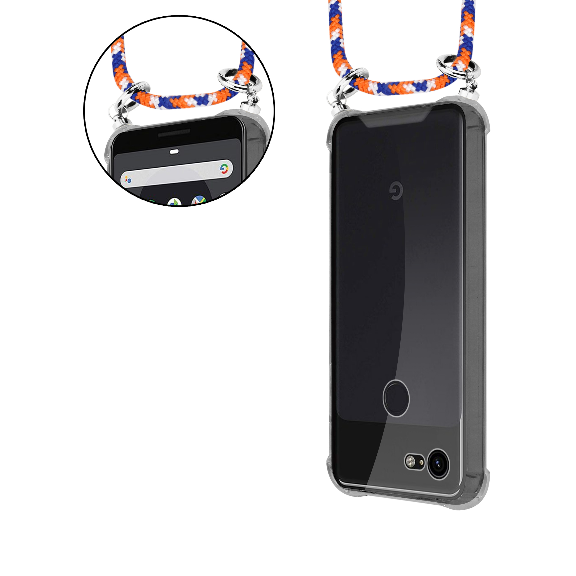 Handyhülle mit Lanyard. Telefon ist im Etui. Lanyard ist bunt.