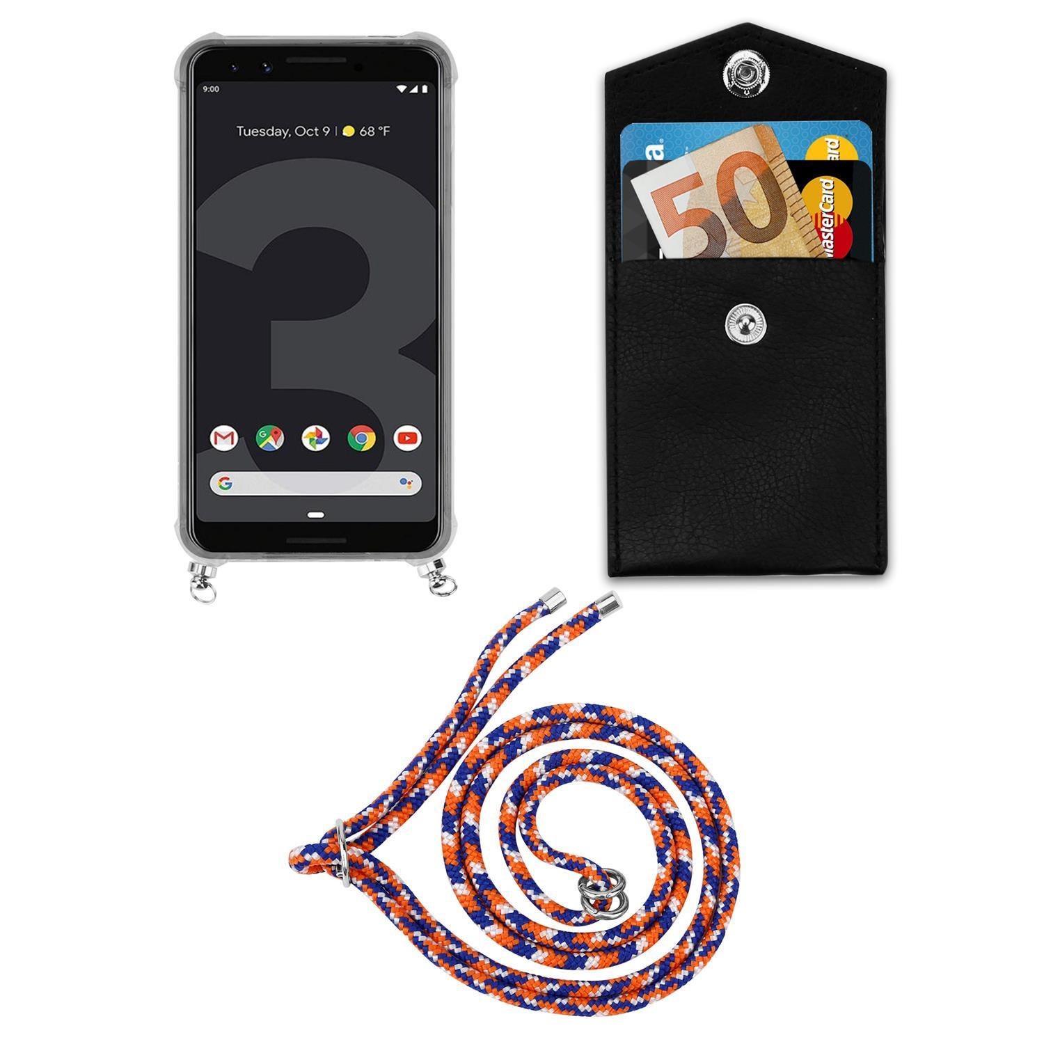 Telefon, Hülle mit Karten und ein blau-oranges Lanyard auf weißem Hintergrund.