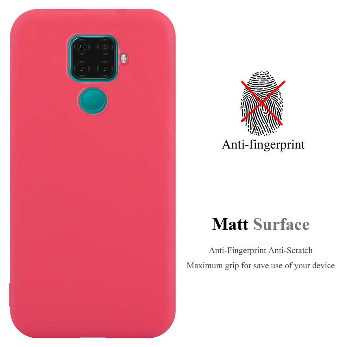 Una custodia rosa per telefono con fotocamera e testo anti-impronta.