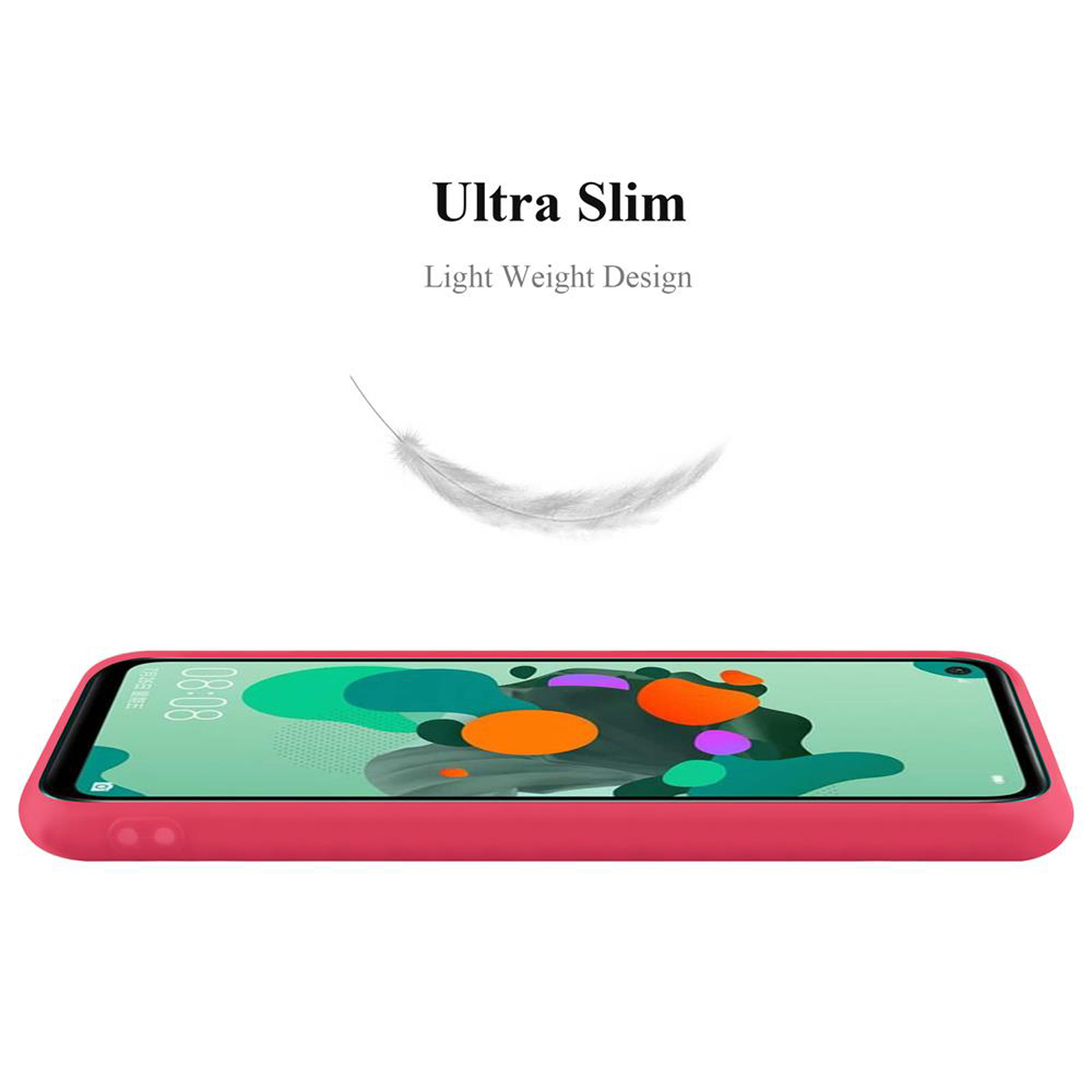 Una custodia per telefono rossa, con il testo 'Ultra Slim' e 'Light Weight Design'. Una piuma bianca fluttua.