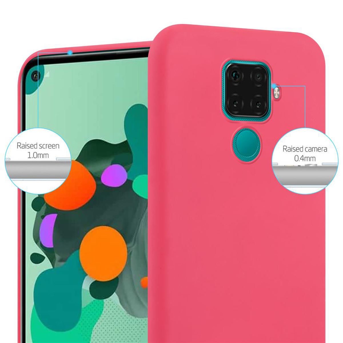 Una custodia rosa con protezione schermo e fotocamera rialzata, con uno schermo colorato.