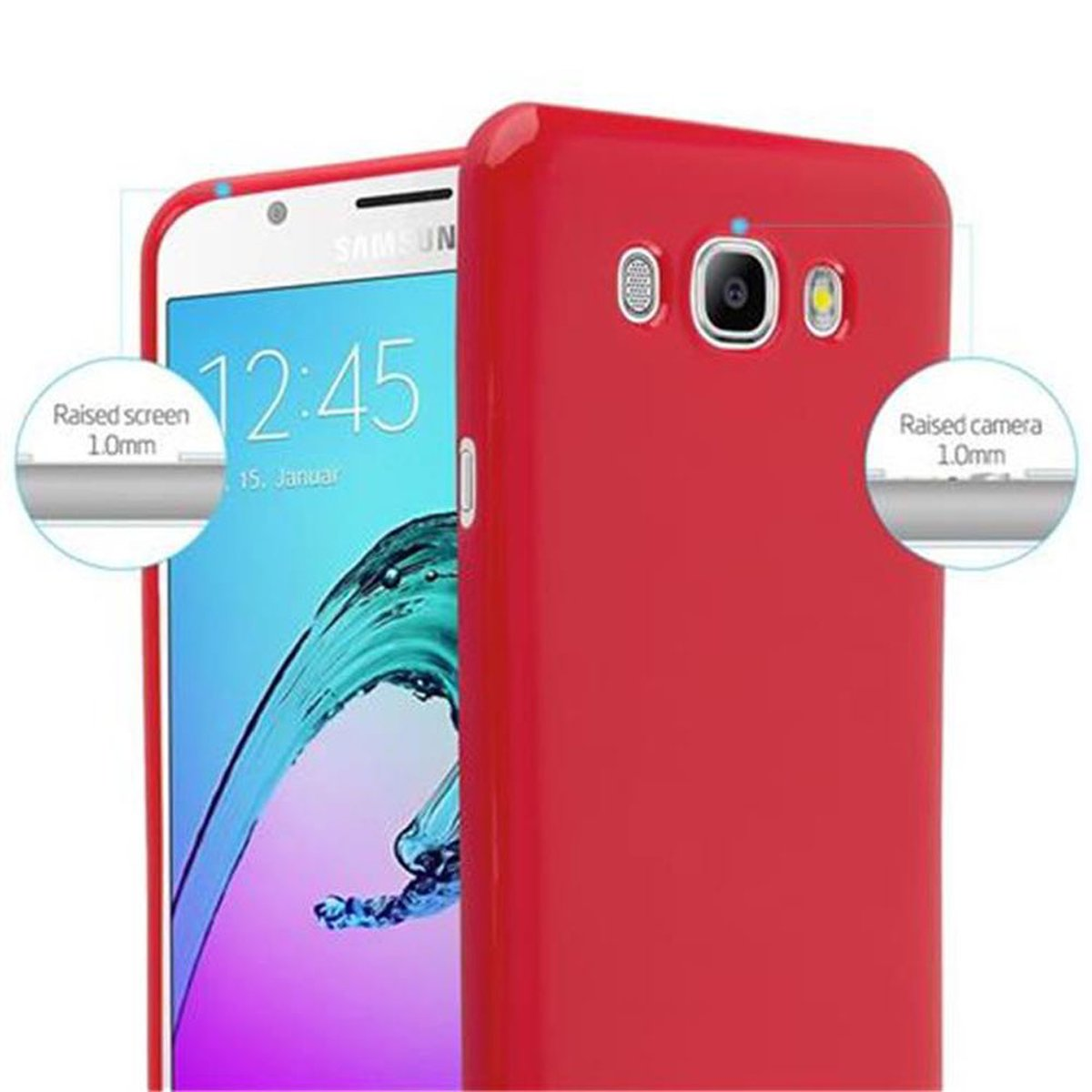 Funda roja en un teléfono. El texto muestra pantalla y cámara elevadas, 1,0 mm.