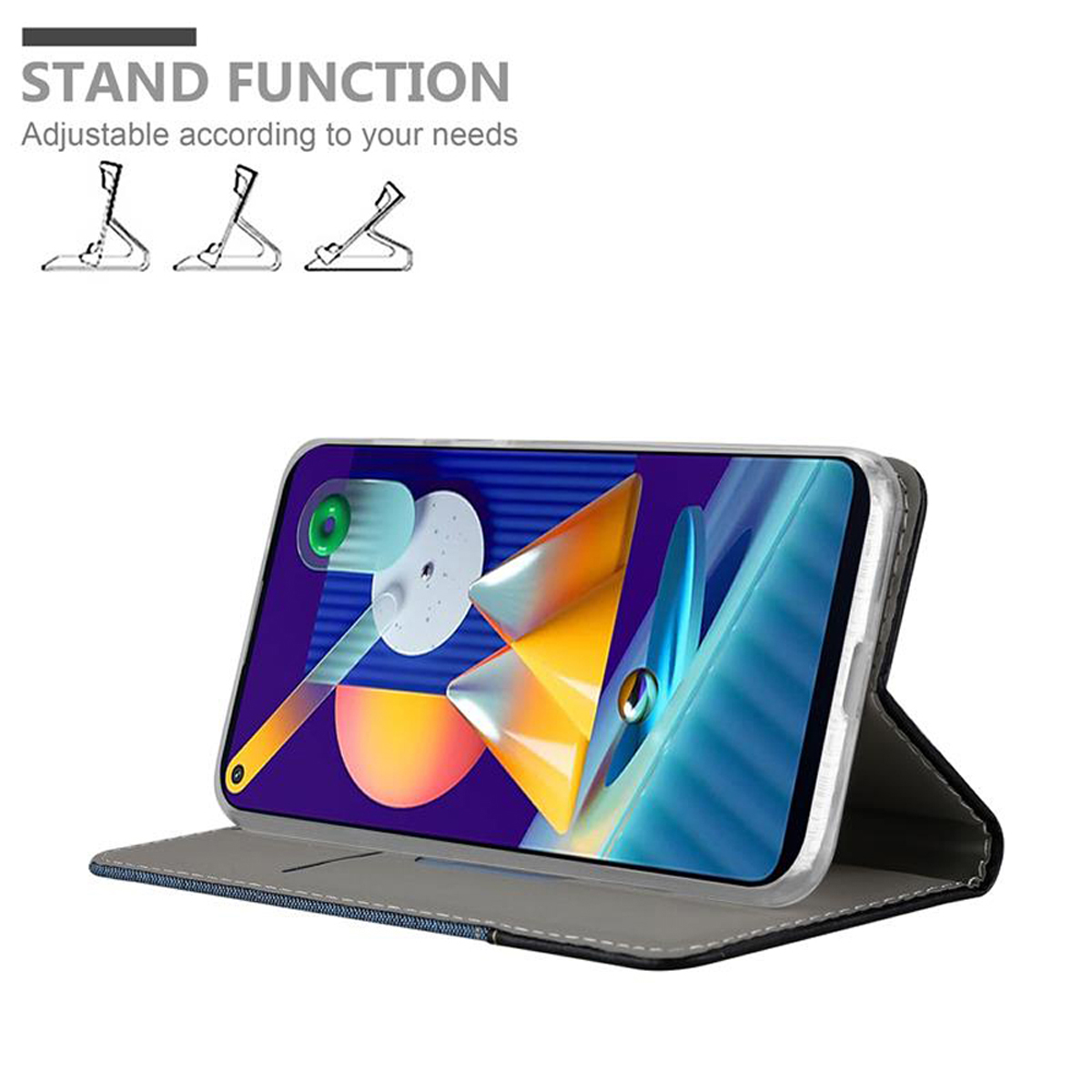 Custodia per telefono su sfondo bianco. Funzione stand con tre illustrazioni. Il telefono è sulla custodia.