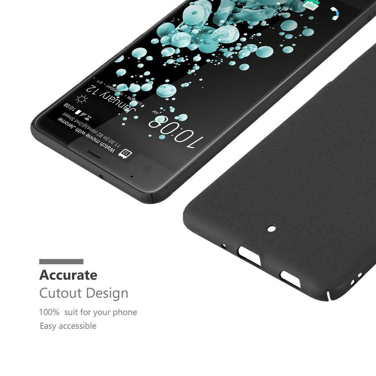 Schwarzes Telefon mit Uhrzeit und Datum. Text: Genaue Ausschnitt Design, 100% Anzug, leicht zugänglich. Schwarze Hülle.