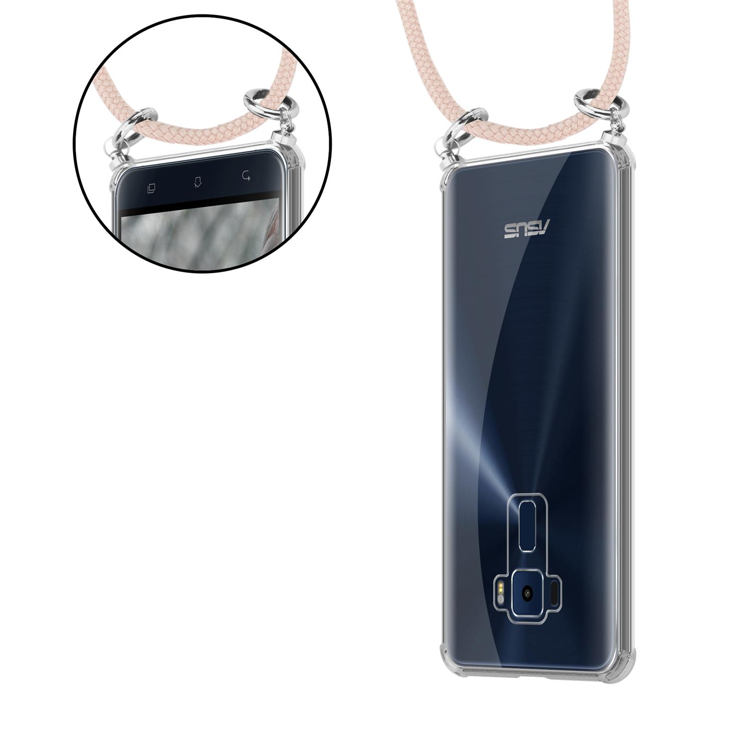 Telefon mit Hülle und Lanyard. Das Telefon ist in einer transparenten Hülle mit pinkfarbenem Lanyard.