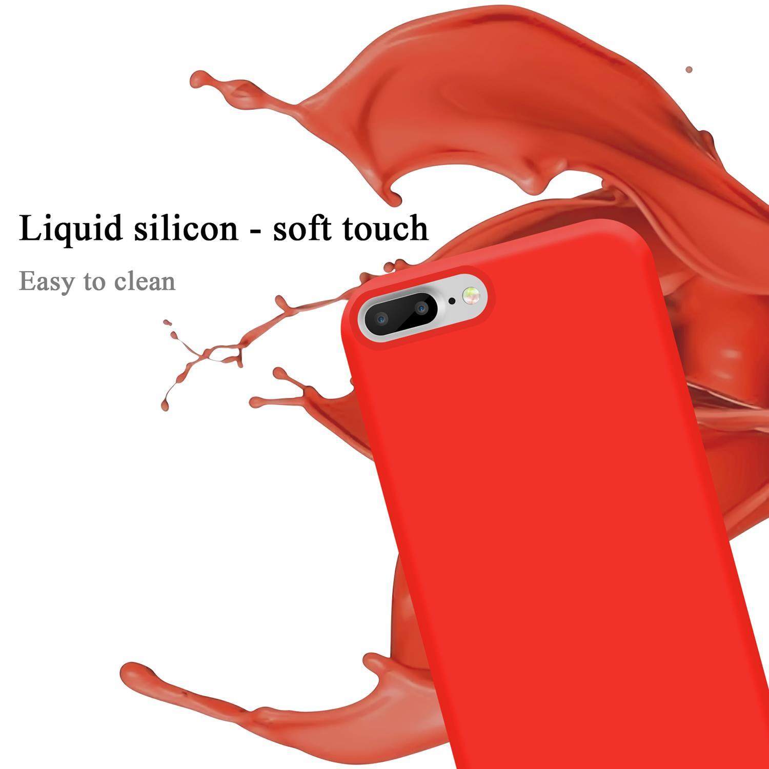 Custodia per telefono rossa con schizzo di liquido. Il testo dice silicone liquido, soft touch e facile da pulire.
