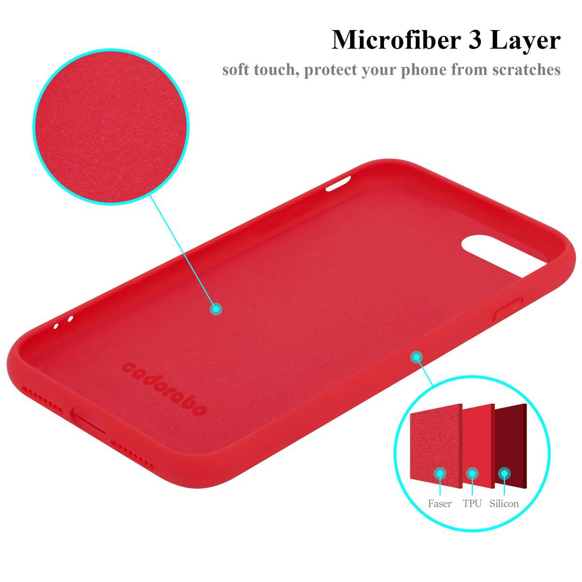 Custodia rossa con strati di materiali. Testo: microfibra 3 strati e logo cadorabo.