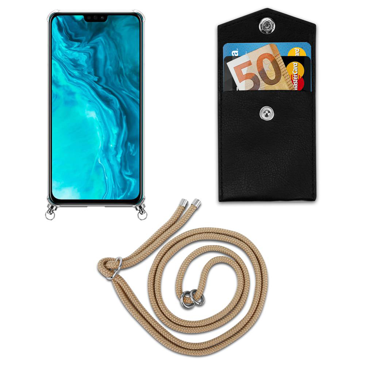Telefono, portafoglio nero con carte e corda beige su sfondo bianco.