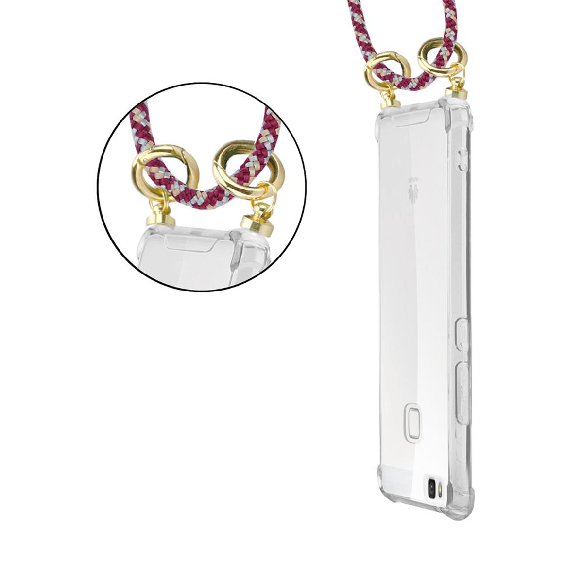 Transparente Handyhülle mit bordeauxrotem und goldenem Seilriemen, Nahaufnahme des Riemens.