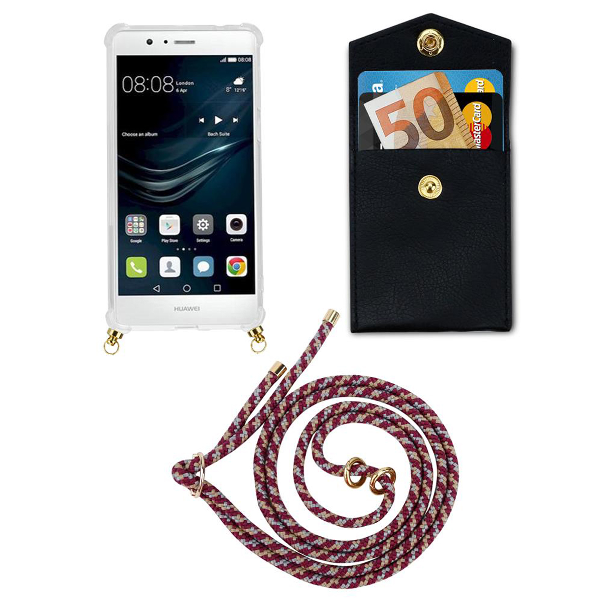 Ein Telefon, eine Brieftasche mit Karten und ein Schlüsselband. Das Telefon hat eine transparente Hülle. Geldbörse mit 50 Euro.