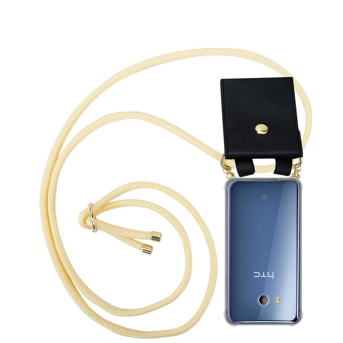 Telefon mit Riemen und schwarzem Beutel. Der Riemen ist eine Mischung aus gelben Farben.