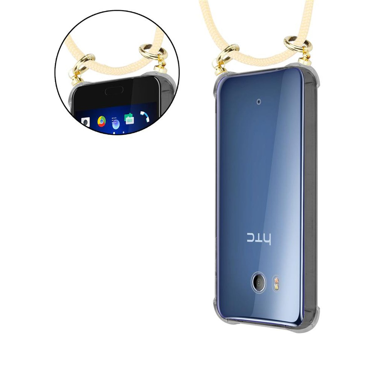 Ein Telefon in einer durchsichtigen Hülle mit einem Schlüsselband, das Telefon hat das Logo 'HTC'.