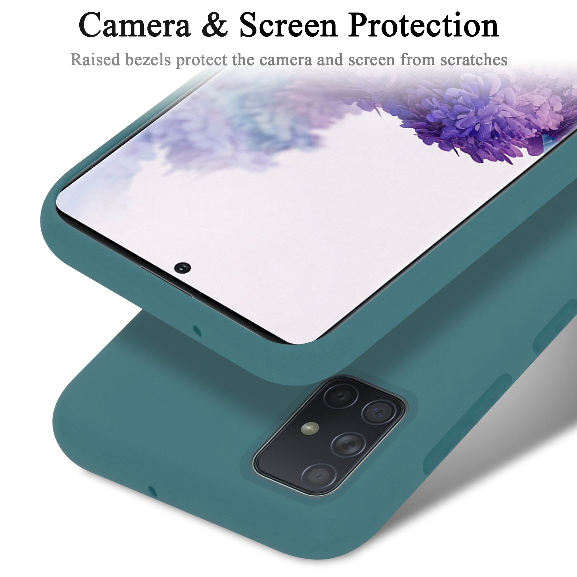 Eine Handyhülle mit einem Telefon darin, das Kamera- und Bildschirmschutz zeigt.