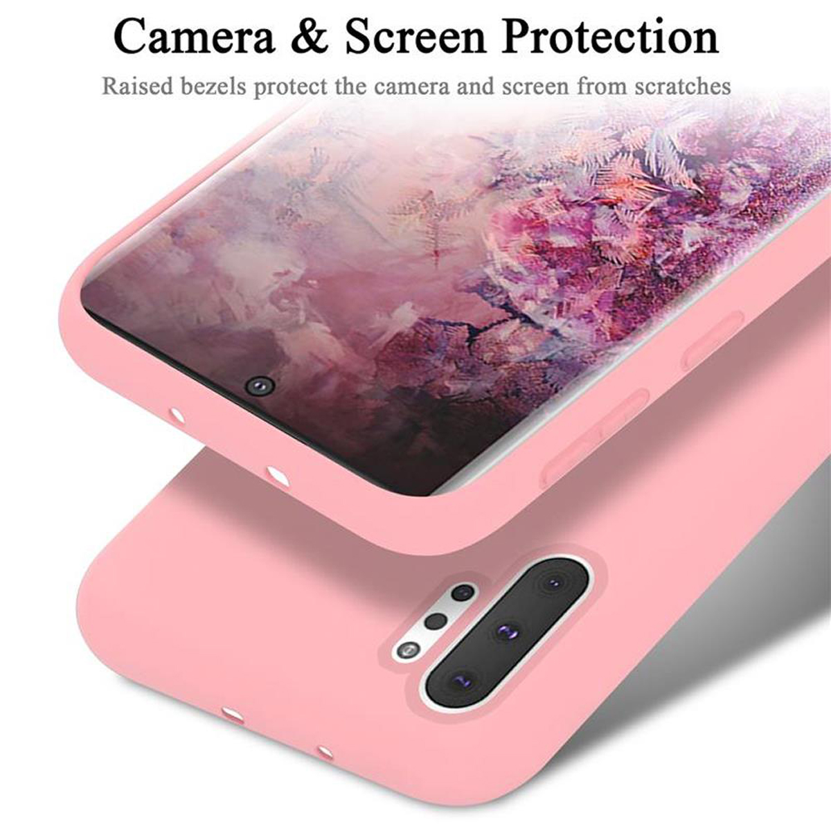 Una custodia per telefono rosa con bordi rialzati per proteggere la fotocamera e lo schermo.